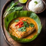 Fish Amok Curry Recipe steamed in banana leaves, topped with red chili, kaffir lime, and served with jasmine rice.