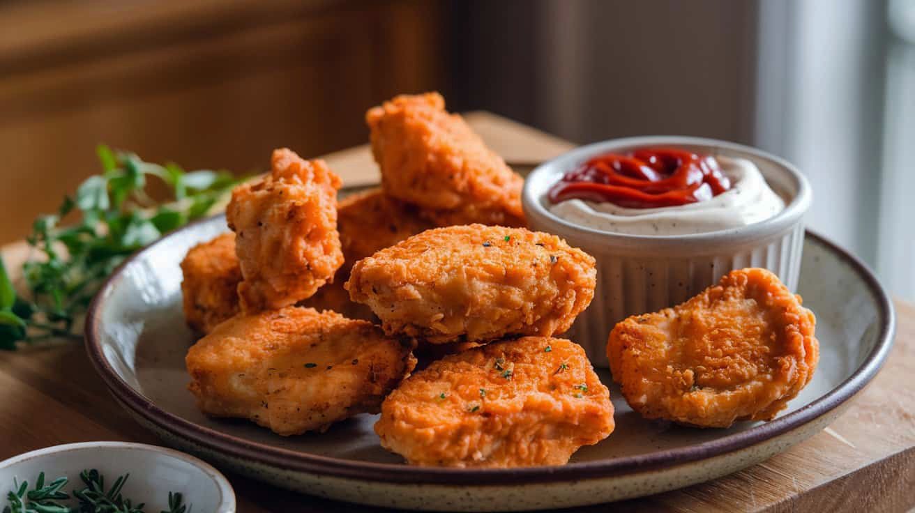 Plate of crispy homemade chicken nuggets with dipping sauce and fresh herbs