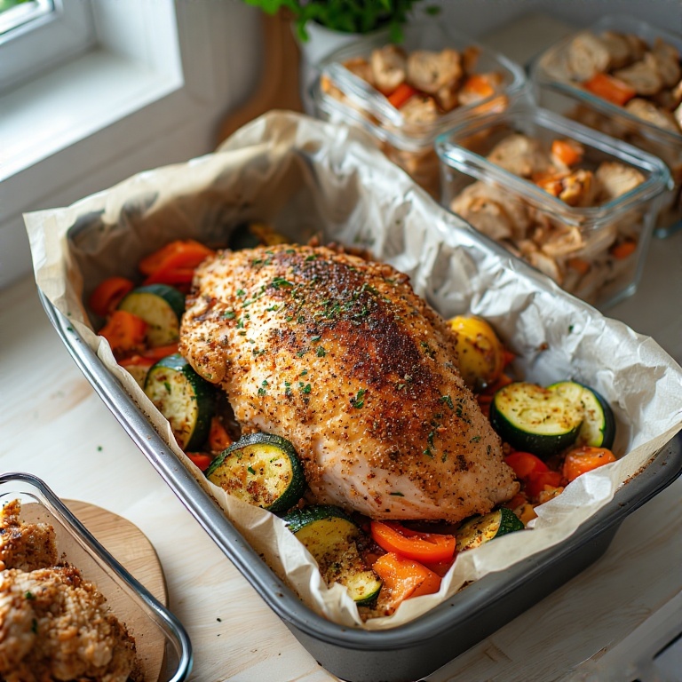 Easy, Healthy Loaf Pan Chicken Recipes for Meal Prep 3 Baked chicken breasts in a loaf pan, seasoned with herbs and paprika, garnished with lemon slices and rosemary.