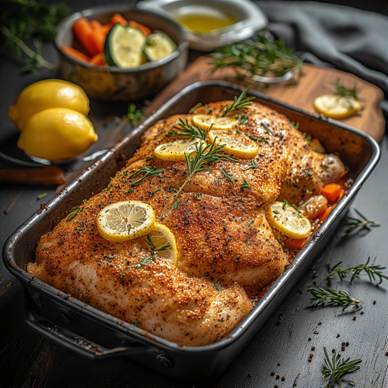 Easy, Healthy Loaf Pan Chicken Recipes for Meal Prep 4 Baked chicken breasts in a loaf pan, seasoned with herbs and paprika, garnished with lemon slices and rosemary.