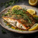 Baked pollock fish fillet garnished with parsley and lemon slices on a white plate – Pollock Fish Recipe