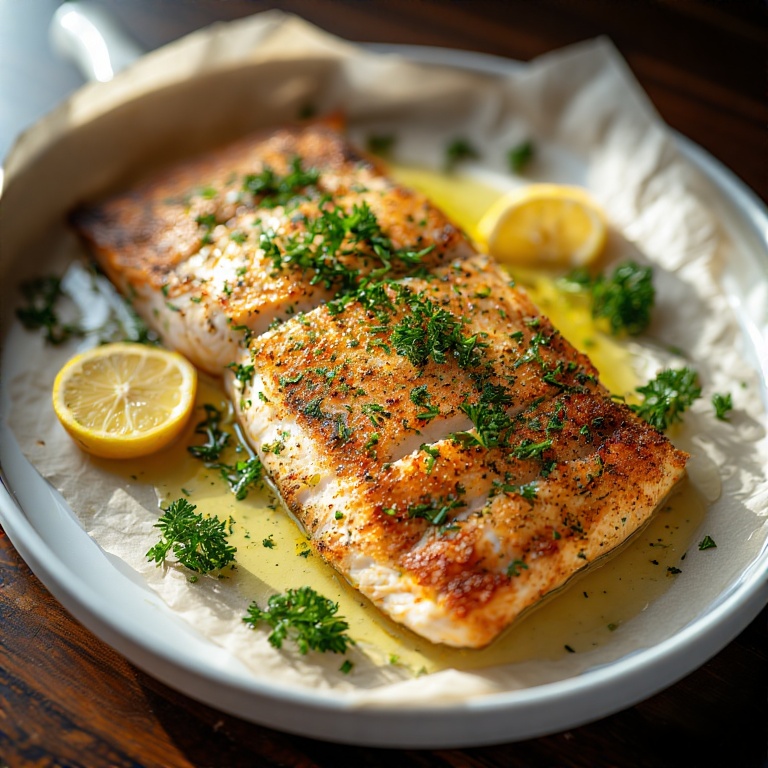 Pollock Fish Recipe – Easy, Healthy & Flavorful 4 Baked pollock fish fillet garnished with parsley and lemon slices on a white plate – Pollock Fish Recipe