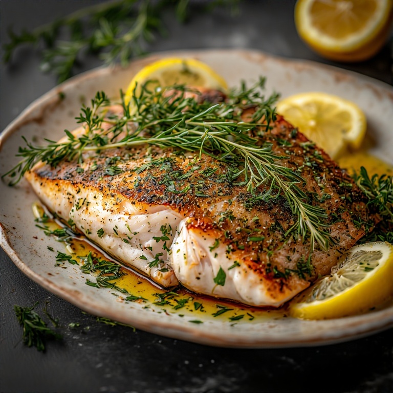 Pollock Fish Recipe – Easy, Healthy & Flavorful 3 Baked pollock fish fillet garnished with parsley and lemon slices on a white plate – Pollock Fish Recipe