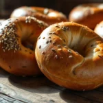 Freshly baked Big Apple Bagels recipe with a golden crust and soft, fluffy interior.