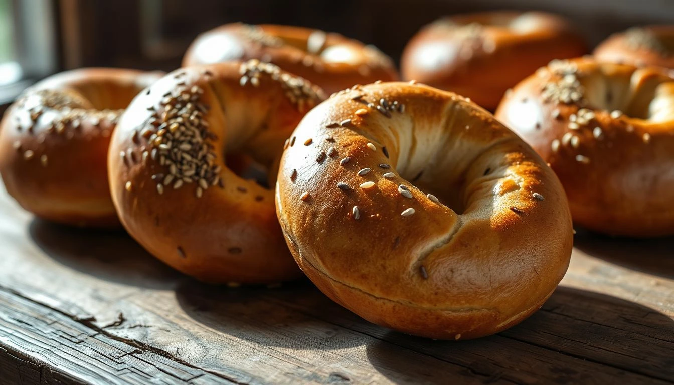 Homemade Big Apple Bagels Recipe: A Step-by-Step Guide 3 Freshly baked Big Apple Bagels recipe with a golden crust and soft, fluffy interior.