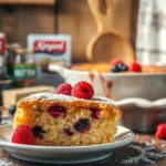 Easy cherry dump cake recipe with golden crust and gooey fruit filling in a baking dish
