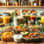 Vegan meal prep with colorful fresh vegetables, grains, and plant-based protein bowls.